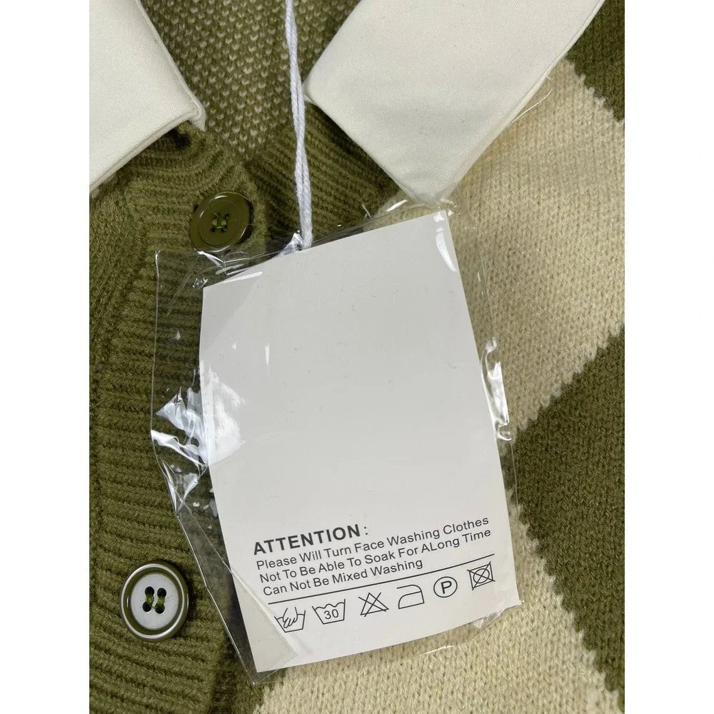 Bao Mi Hua Argyle Knit Cropped Cardigan Vest‎ & White Shirt Set Green Cream NEW